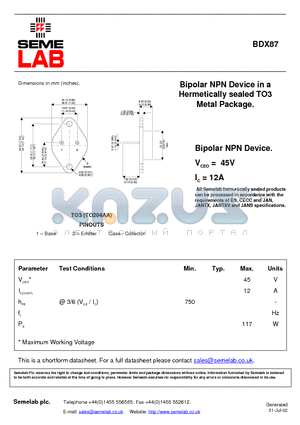 BDX87 datasheet - Bipolar NPN Device in a Hermetically sealed TO3