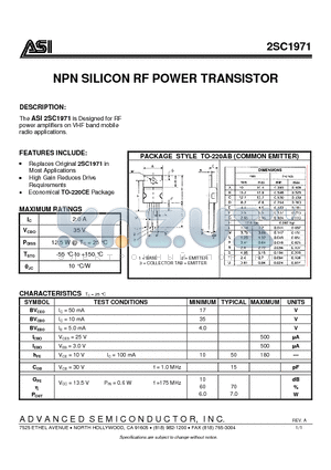 2SC1971 datasheet - NPN SILICON RF POWER TRANSISTOR