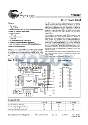 CY7C182-25VC datasheet - 8Kx9 Static RAM