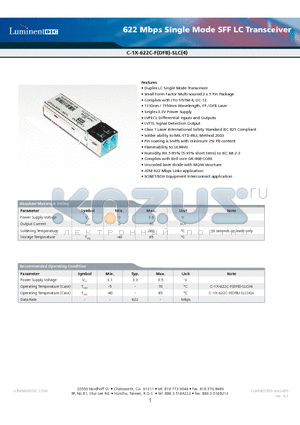 C-13-622C-F-SLC datasheet - 622 Mbps Single Mode SFF LC Transceiver