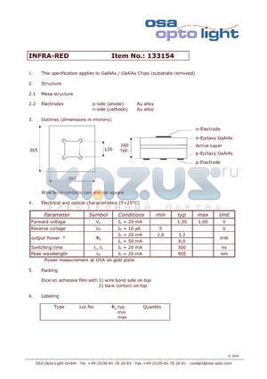 133154 datasheet - GaAlAs / GaAlAs Chips (substrate removed)