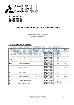 BDY23 datasheet - NPN SILICON TRANSISTORS, DIFFUSED MESA