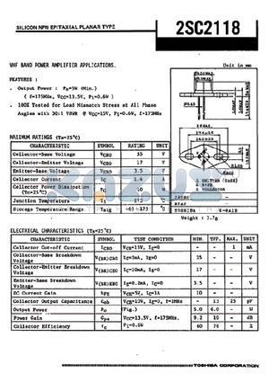 2SC2118 datasheet - VHF BAND POWER AMPLIFIER APPLICATIONS