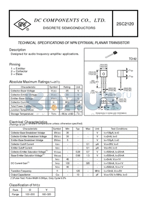 2SC2120 datasheet - TECHNICAL SPECIFICATIONS OF NPN EPITAXIAL PLANAR TRANSISTOR