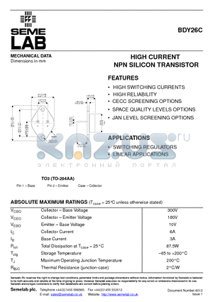 BDY26C datasheet - HIGH CURRENT NPN SILICON TRANSISTOR