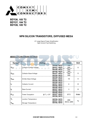 BDY27 datasheet - NPN SILICON TRANSISTORS DIFFUSED MESA