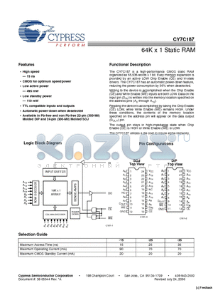CY7C187-25VXC datasheet - 64K x 1 Static RAM