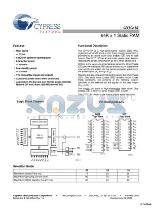 CY7C187 datasheet - 64K x 1 Static RAM