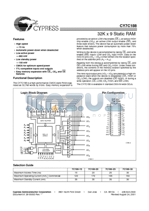CY7C188-20VC datasheet - 32K x 9 Static RAM