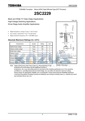 2SC2229 datasheet - Silicon NPN Triple Diffused Type (PCT Process)