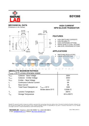 BDY28B_07 datasheet - HIGH CURRENT NPN SILICON TRANSISTOR