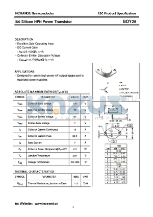 BDY39 datasheet - isc Silicon NPN Power Transistor