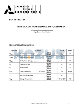 BDY53 datasheet - NPN SILICON TRANSISTORS, DIFFUSED MESA