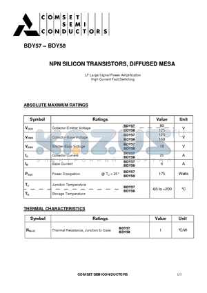 BDY58 datasheet - NPN SILICON TRANSISTORS DIFFUSED MESA
