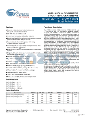 CY7C1911BV18 datasheet - 18-Mbit QDR-II SRAM 4-Word Burst Architecture