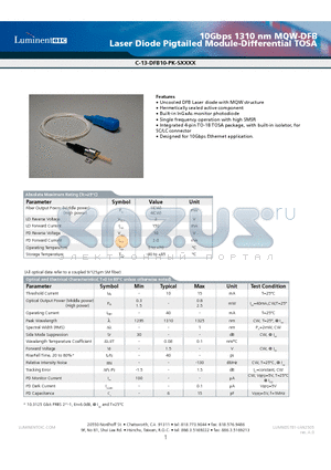 C-13-DFB10-PK-SLC2I datasheet - 10Gbps 1310 nm MQW-DFB Laser Diode Pigtailed Module-Differential TOSA