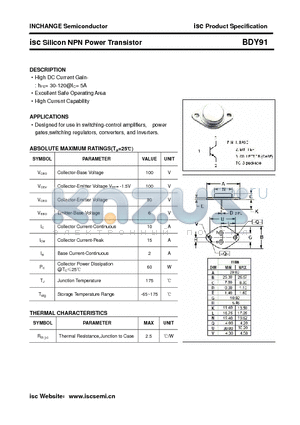 BDY91 datasheet - isc Silicon NPN Power Transistor