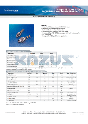 C-13-DFB10-TA-SSC2I-HT-01 datasheet - 10Gbps 1310 nm 0 ~ 85jC MQW-DFB Laser Diode Module-TOSA