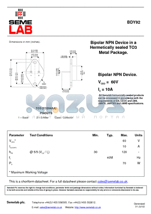 BDY92 datasheet - Bipolar NPN Device in a Hermetically sealed TO3