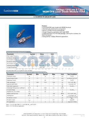 C-13-DFB10-TJ-SLC2I-HT-01 datasheet - 10Gbps 1310 nm 0 ~ 85jC MQW-DFB Laser Diode Module-TOSA