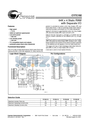 CY7C192 datasheet - 64K x 4 Static RAM with Separate I/O