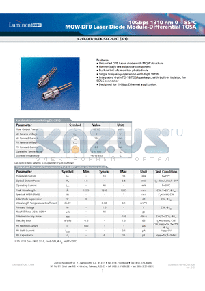 C-13-DFB10-TK-SLC2I-HT-01 datasheet - 10Gbps 1310 nm 0 ~ 85jC MQW-DFB Laser Diode Module-Differential TOSA