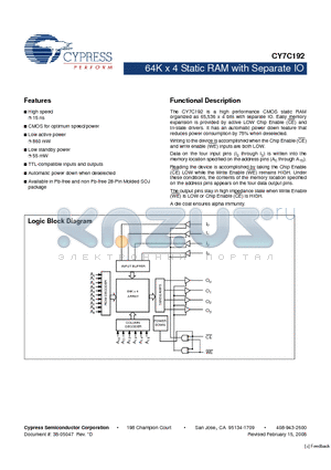 CY7C192_08 datasheet - 64K x 4 Static RAM with Separate IO