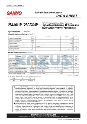 2SC2344P datasheet - High-Voltage Switching, AF Power Amp,100W Output Predriver Applications