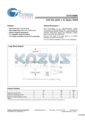 CY7C194BN datasheet - 256 Kb (64K x 4) Static RAM