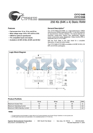 CY7C195B datasheet - 256 Kb (64K x 4) Static RAM