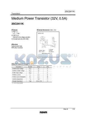 2SC2411K datasheet - Medium Power Transistor (32V, 0.5A)