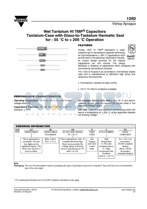 134D227X9100C8 datasheet - Wet Tantalum HI TMP^ Capacitors Tantalum-Case with Glass-to-Tantalum Hermetic Seal for - 55 `C to  200 `C Operation