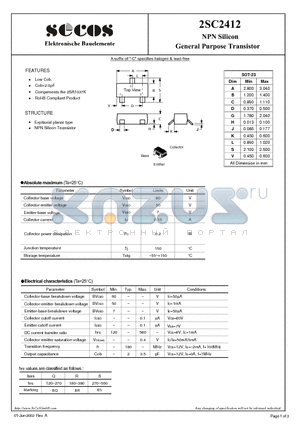 2SC2412 datasheet - NPN Silicon General Purpose Transistor