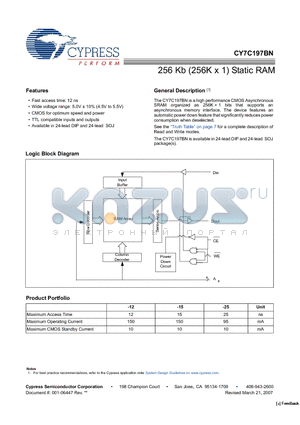 CY7C197BN-15VC datasheet - 256 Kb (256K x 1) Static RAM