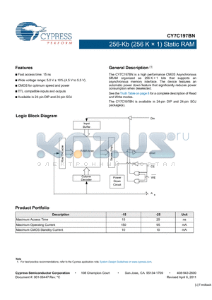 CY7C197BN-15VC datasheet - 256-Kb (256 K x 1) Static RAM Fast access time: 15 ns