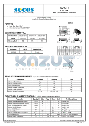 2SC2412 datasheet - NPN Epitaxial Planar Transistor