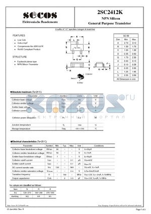 2SC2412K datasheet - NPN Silicon General Purpose Transistor