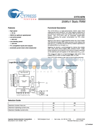 CY7C197N datasheet - 256Kx1 Static RAM