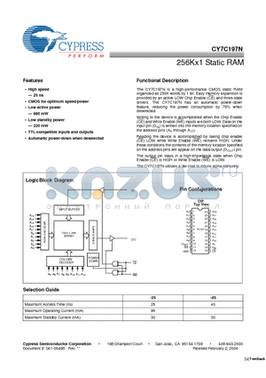 CY7C197N-25PXC datasheet - 256Kx1 Static RAM
