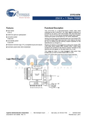 CY7C197N-25PXC datasheet - 256 K  1 Static RAM CMOS for optimum speed/power