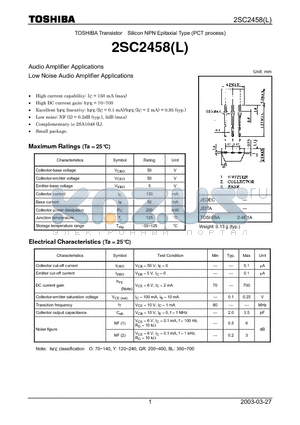 2SC2458 datasheet - TRANSISTOR (AUDIO AMPLIFIER APPLICATIONS)