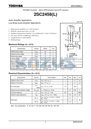 2SC2458 datasheet - Audio Amplifier Applications Low Noise Audio Amplifier Applications