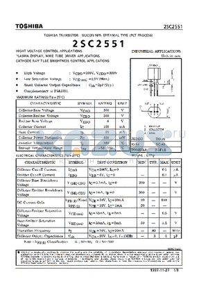 2SC2551 datasheet - TRANSISTOR (HIGHT VOLTAGE CONTROL, PLASMA DISPLAY, NIXIE TUBE DRIVER, CATHODE RAY TUBE BRIGHTNESS CONTROL APPLICATIONS)