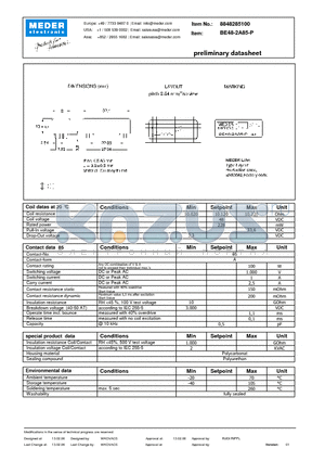BE48-2A85-P datasheet - BE Reed Relay