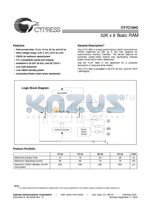 CY7C199C-12ZC datasheet - 32K x 8 Static RAM