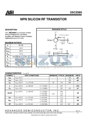 2SC2585 datasheet - NPN SILICON RF TRANSISTOR