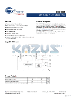 CY7C199CN-15VXC datasheet - 256 K (32 K x 8) Static RAM 2.0 V data retention