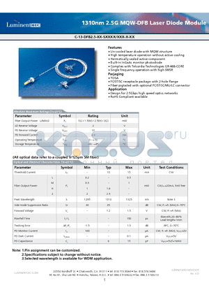 C-13-DFB2.5-RB-SMUL datasheet - 1310nm 2.5G MQW-DFB Laser Diode Module