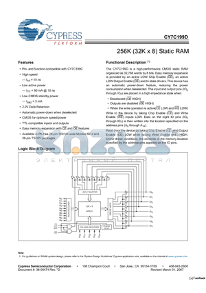 CY7C199D-10VXI datasheet - 256K (32K x 8) Static RAM