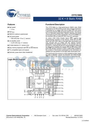 CY7C199N datasheet - 32 K x 8 Static RAM